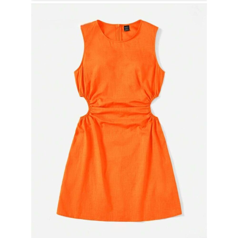 SHEIN EZwear Cut Out Waist Ruched Side Solid Orange Mini Dress Size L Summer